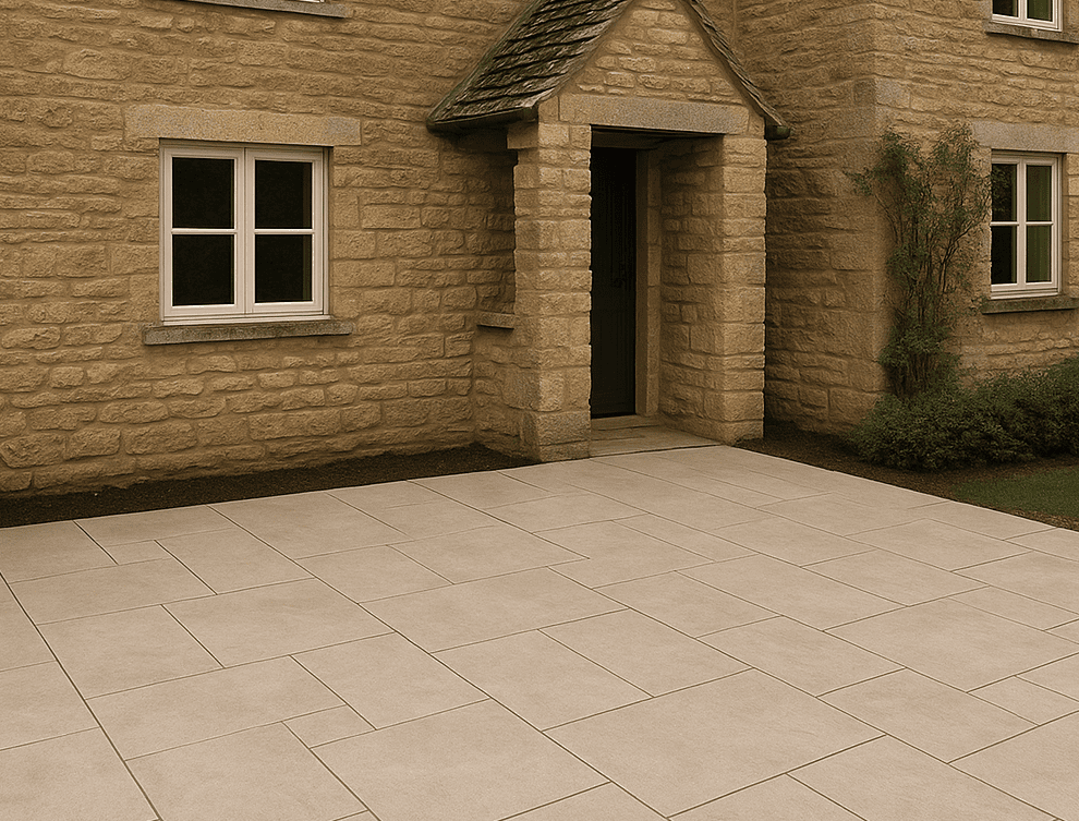 Porcelain paving patio outside a traditional Cotswold stone house in Avening, blending modern beige slabs with local architecture.